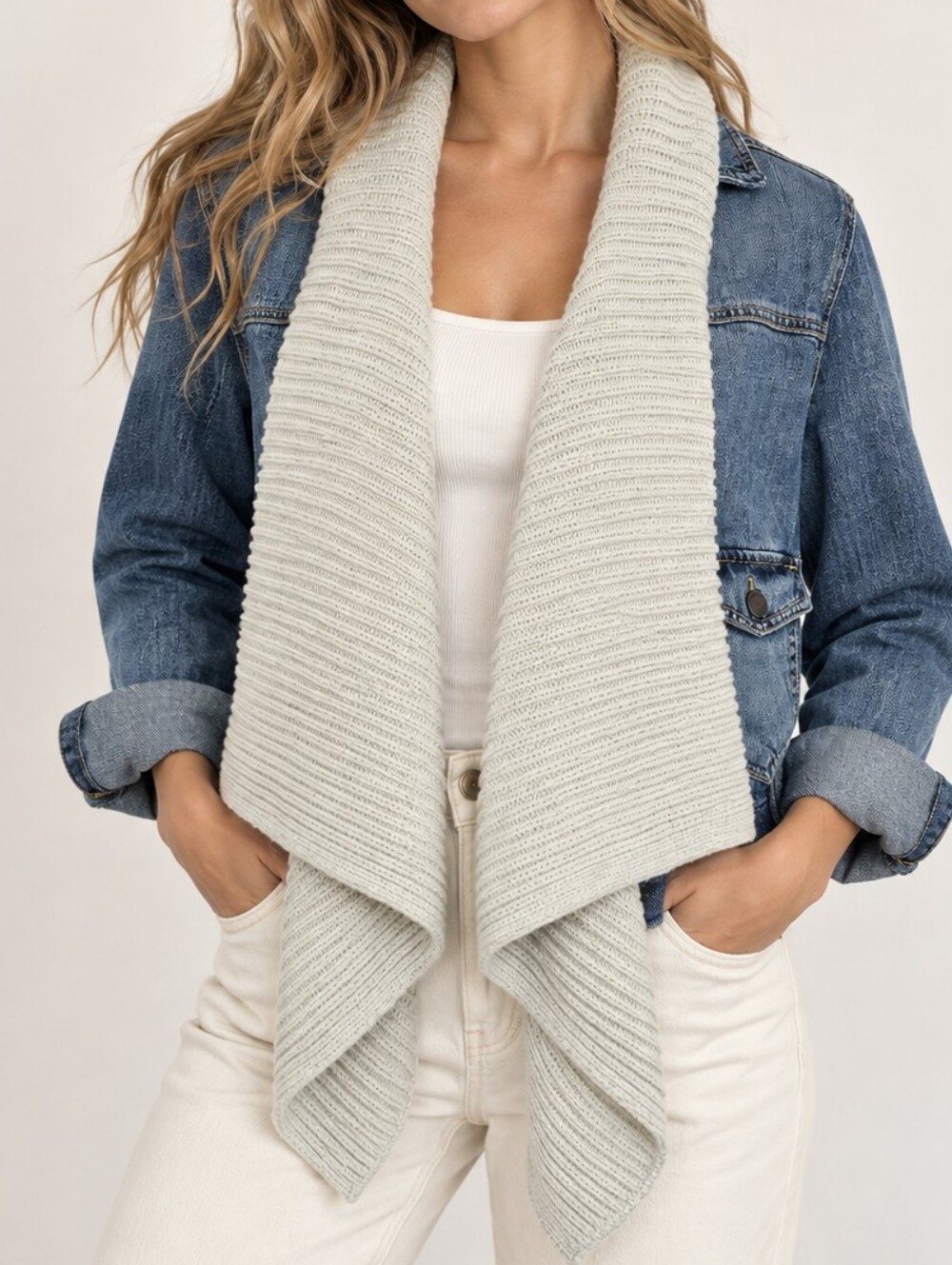 Abercrombie & Fitch Denim Jacket Waterfall Knit Cardigan Size L Boho
